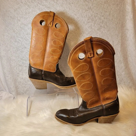 Vintage Acme Cognac Deep Brown‎ Two Toned Cowboy Western Boots Pull On Retro - Picture 2 of 11